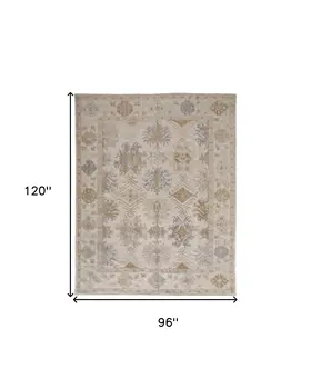 8' X 10' Ivory Tan And Blue Floral Hand Knotted Stain Resistant Area Rug