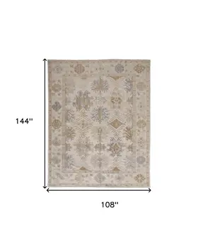 9' X 12' Ivory Tan And Blue Floral Hand Knotted Stain Resistant Area Rug