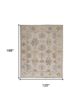 10' X 14' Ivory Tan And Blue Floral Hand Knotted Stain Resistant Area Rug
