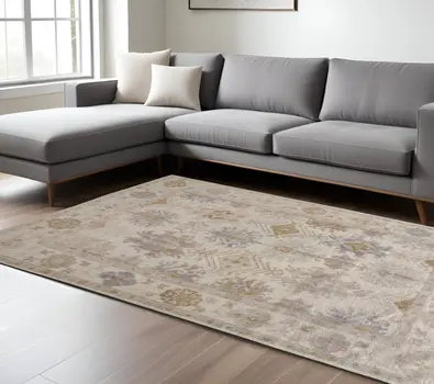 10' X 14' Ivory Tan And Blue Floral Hand Knotted Stain Resistant Area Rug