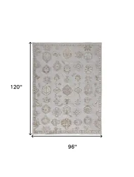 8' X 10' Ivory Silver And Tan Floral Hand Knotted Stain Resistant Area Rug
