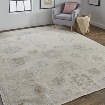 4' X 6' Tan and Brown Floral Hand Knotted Area Rug
