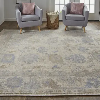 9' X 12' Tan Orange And Blue Floral Hand Knotted Stain Resistant Area Rug