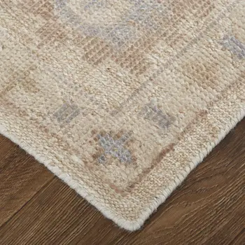 9' X 12' Tan Orange And Blue Floral Hand Knotted Stain Resistant Area Rug