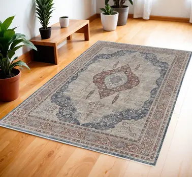 4' X 6' Gray Red And Blue Floral Power Loom Stain Resistant Area Rug