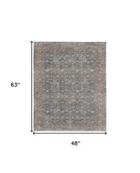 4' X 6' Blue and Beige Floral Power Loom Area Rug
