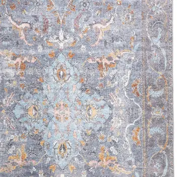 9' X 12' Blue Gray And Orange Floral Area Rug