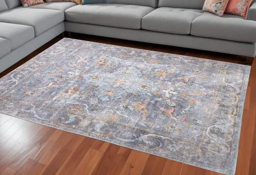9' X 12' Blue Gray And Orange Floral Area Rug