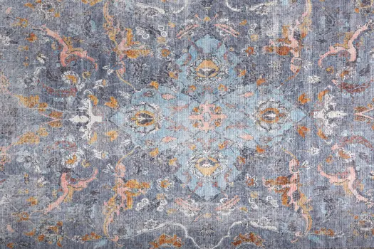 9' X 12' Blue Gray And Orange Floral Area Rug