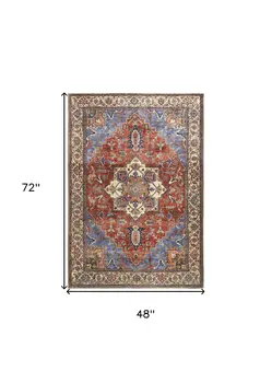 4' X 6' Blue Red And Ivory Floral Area Rug