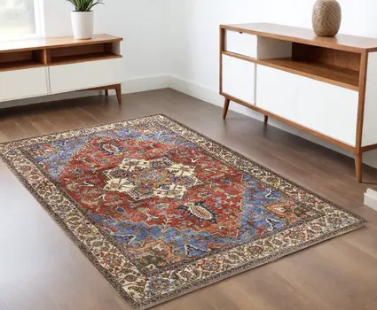 4' X 6' Blue Red And Ivory Floral Area Rug