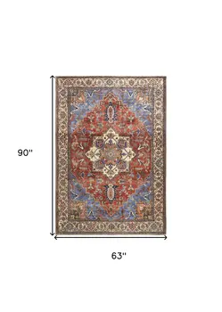 5' X 8' Blue Red And Ivory Floral Area Rug