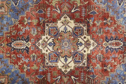 5' X 8' Blue Red And Ivory Floral Area Rug