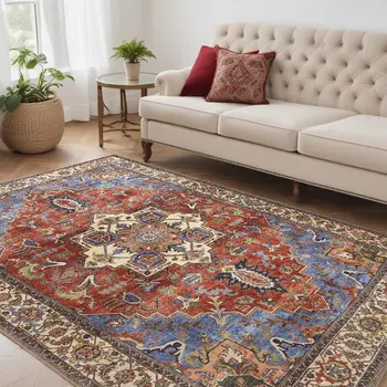 5' X 8' Blue Red And Ivory Floral Area Rug