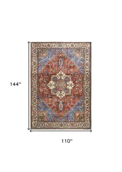 9' X 12' Blue Red And Ivory Floral Area Rug