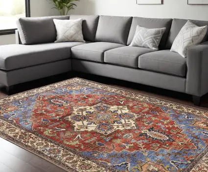 9' X 12' Blue Red And Ivory Floral Area Rug