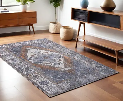 4' X 6' Blue Ivory And Brown Floral Area Rug