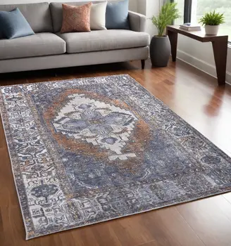 5' X 8' Blue Ivory And Brown Floral Area Rug