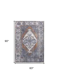 5' X 8' Blue Ivory And Brown Floral Area Rug