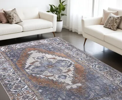 8' X 10' Blue Ivory And Brown Floral Area Rug