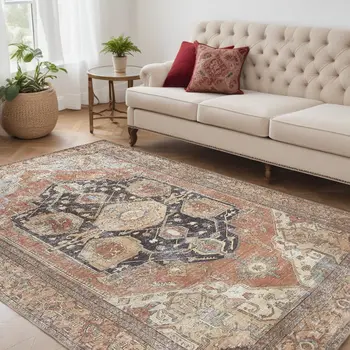 5' X 8' Orange Brown And Taupe Abstract Area Rug