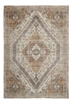 5' X 8' Ivory Blue and Orange Medallion Distressed Washable Area Rug