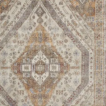 5' X 8' Ivory Blue and Orange Medallion Distressed Washable Area Rug