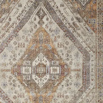 8' X 10' Ivory Blue and Orange Medallion Distressed Washable Area Rug