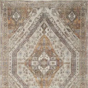 8' X 10' Ivory Blue and Orange Medallion Distressed Washable Area Rug