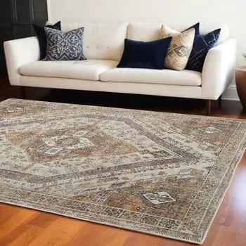 8' X 10' Ivory Blue and Orange Medallion Distressed Washable Area Rug