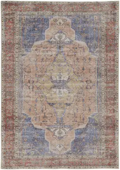 5' X 8' Red Tan And Blue Abstract Area Rug