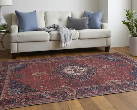 5' X 8' Red Blue And Tan Floral Power Loom Area Rug
