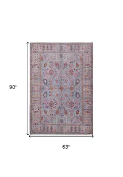 5' X 8' Gray Blue And Red Floral Power Loom Area Rug