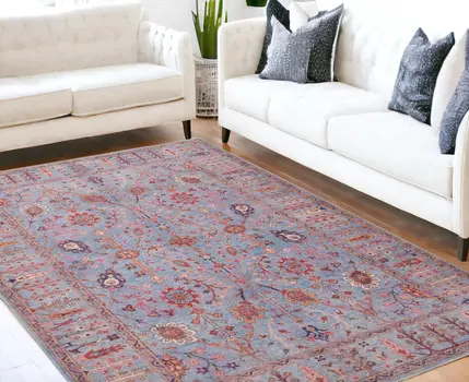 5' X 8' Gray Blue And Red Floral Power Loom Area Rug