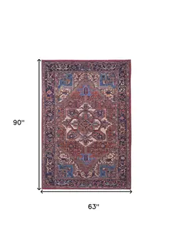 5' X 8' Red Tan And Blue Floral Power Loom Area Rug