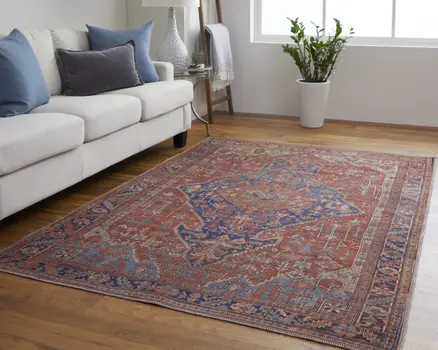 5' X 8' Red Tan And Blue Floral Power Loom Area Rug