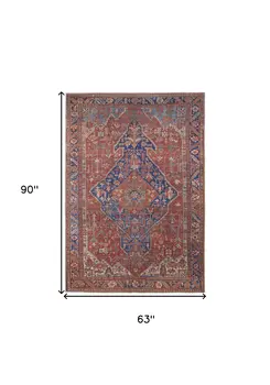5' X 8' Red Tan And Blue Floral Power Loom Area Rug
