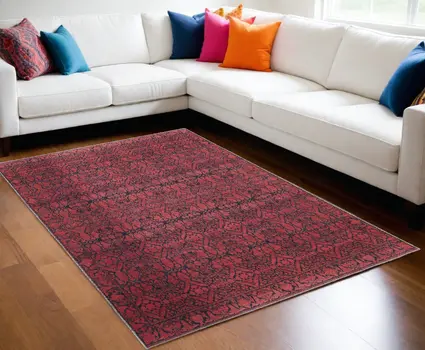 10' X 14' Red And Black Floral Power Loom Area Rug