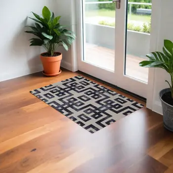 2' X 3' Ivory And Black Wool Tufted Handmade Area Rug