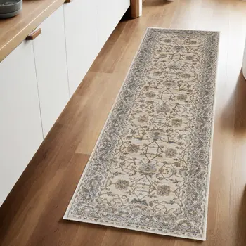 8' Brown and Ivory Oriental Power Loom Distressed Runner Rug