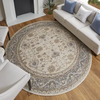 8' Brown and Ivory Round Oriental Power Loom Distressed Area Rug