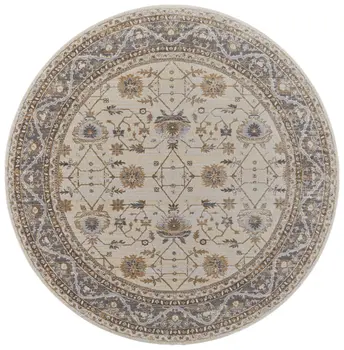 8' Brown and Ivory Round Oriental Power Loom Distressed Area Rug
