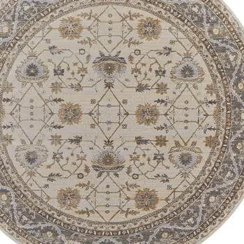 8' Brown and Ivory Round Oriental Power Loom Distressed Area Rug