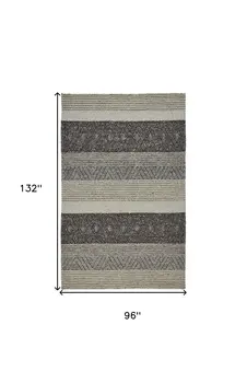 8' X 11' Ivory Black and Gray Wool Striped Hand Woven Area Rug