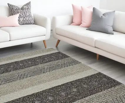 8' X 11' Ivory Black and Gray Wool Striped Hand Woven Area Rug