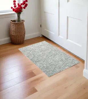 2' X 3' Gray Green And Ivory Striped Distressed Stain Resistant Area Rug