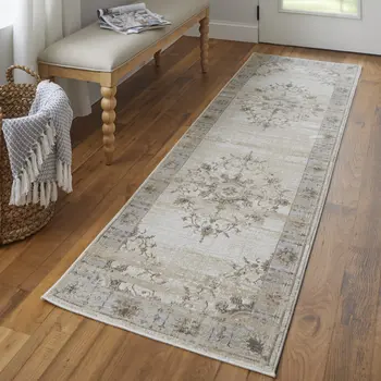 8' Brown and Ivory Oriental Power Loom Distressed Runner Rug