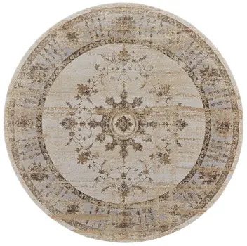 8' Brown and Ivory Round Oriental Power Loom Distressed Area Rug
