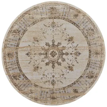 8' Brown and Ivory Round Oriental Power Loom Distressed Area Rug