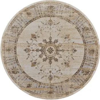 8' Brown and Ivory Round Oriental Power Loom Distressed Area Rug